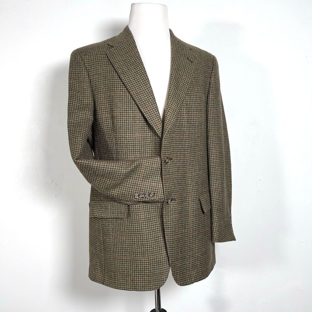 Tommy Hilfiger Houndstooth Tweed Blazer Jacket Mens Sz 42L Olive 2 Button Vtg - Picture 1 of 16